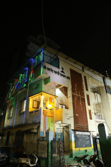 Shree Anand Bharti Samaj building decorated with lights